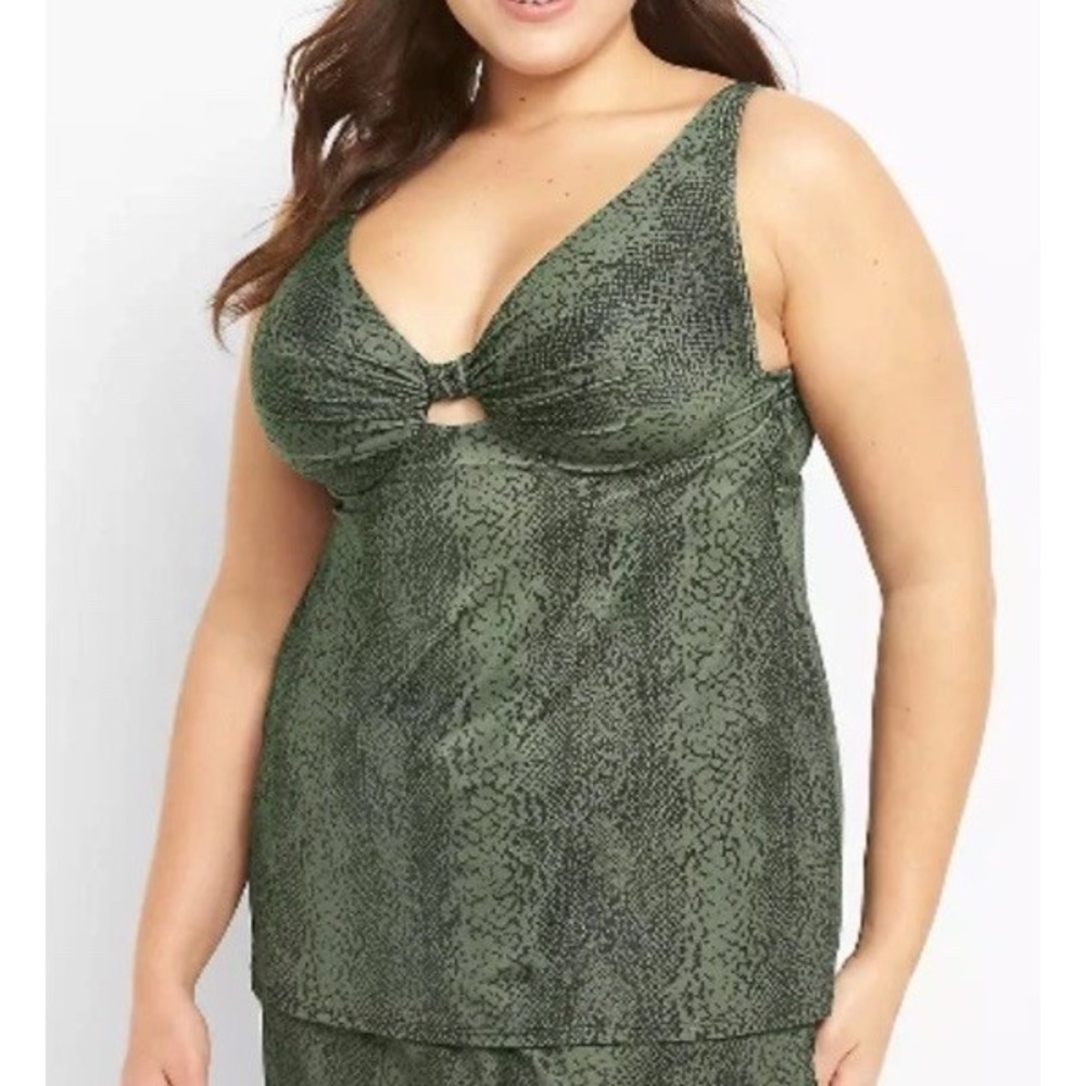 Cacique 46F Plunge Tankini Top Built In Bra Green Snakeskin Plus Size Underwire